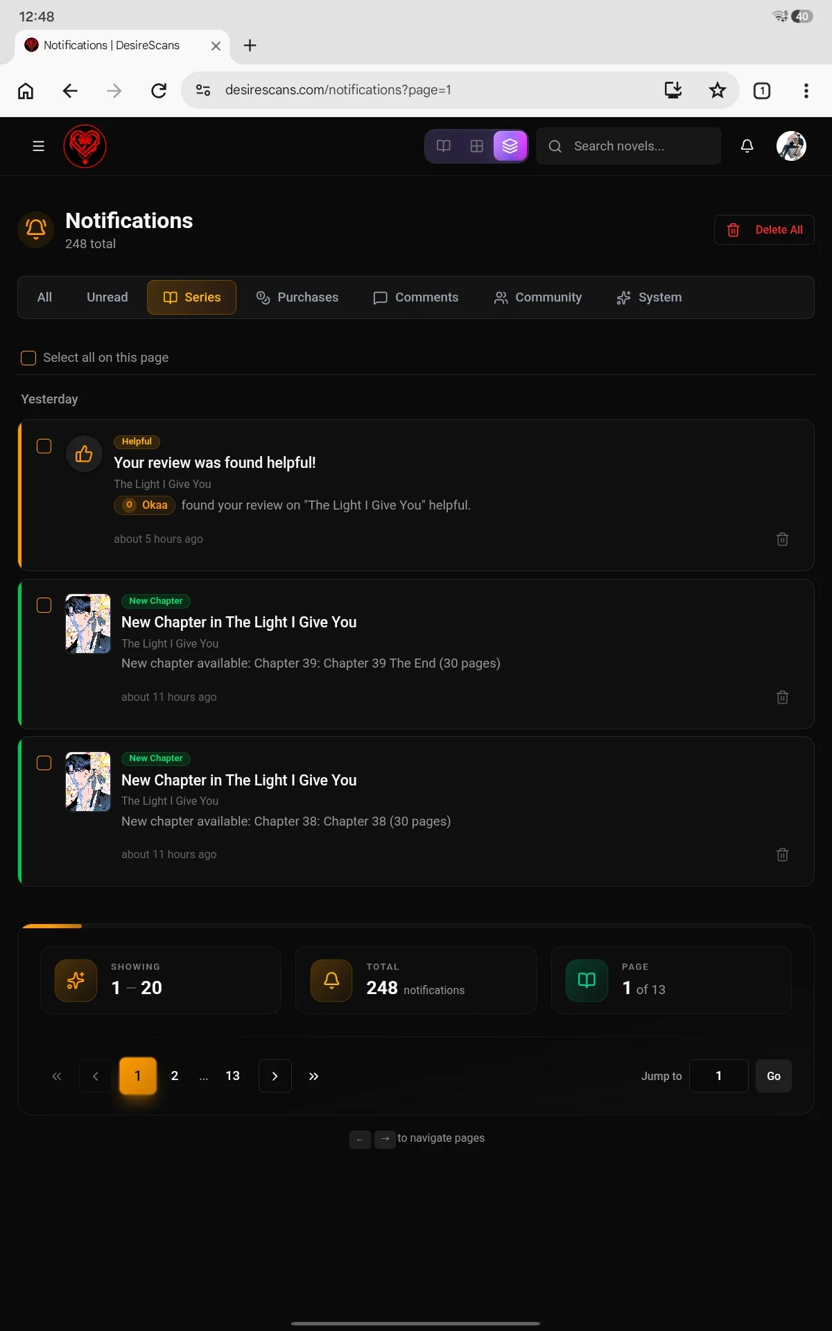 Image 1 of 5 attached to "Not getting new chapter notification"
